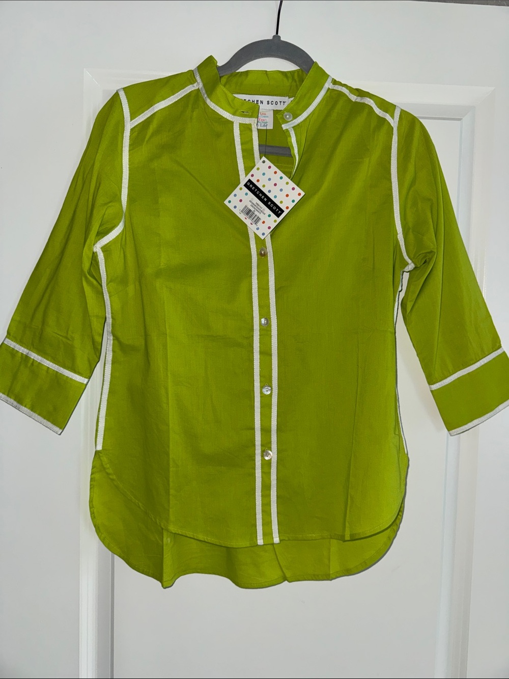 Gretchen Scott Designs Lime Green Button-Front Blouse with White Piping